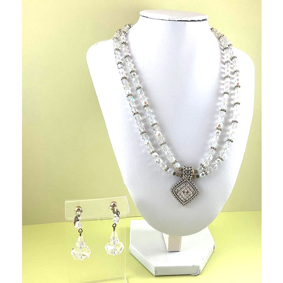 Midcentury Cocktail Party AB Crystal Bead Necklace/Pendant & Clip-on Earrings - Picture 2 of 8